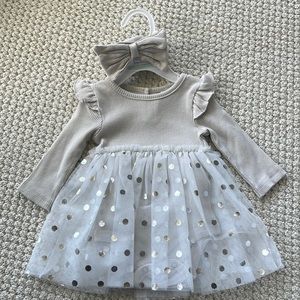 Baby starters grey silver dress with bow tulle silver polka dot